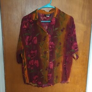 Floral Button Down Shirt - Burgundy and Orange